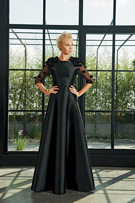 3D Flowered Taffeta and Organza Long Dress