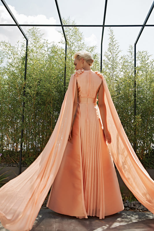 3D Flower Detailed Pleated Mesh Gown