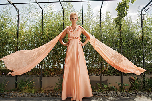 3D Flower Detailed Pleated Mesh Gown