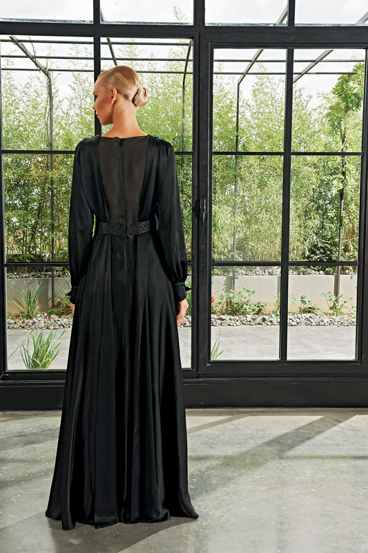 Organza Bodice Detailed Viscose Satin Long Dress