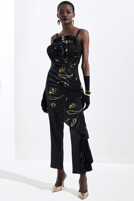 Rose Detailed Metallic Jacquard Jumpsuit