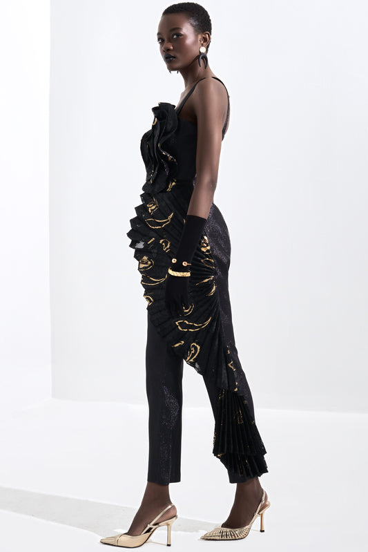 Rose Detailed Metallic Jacquard Jumpsuit