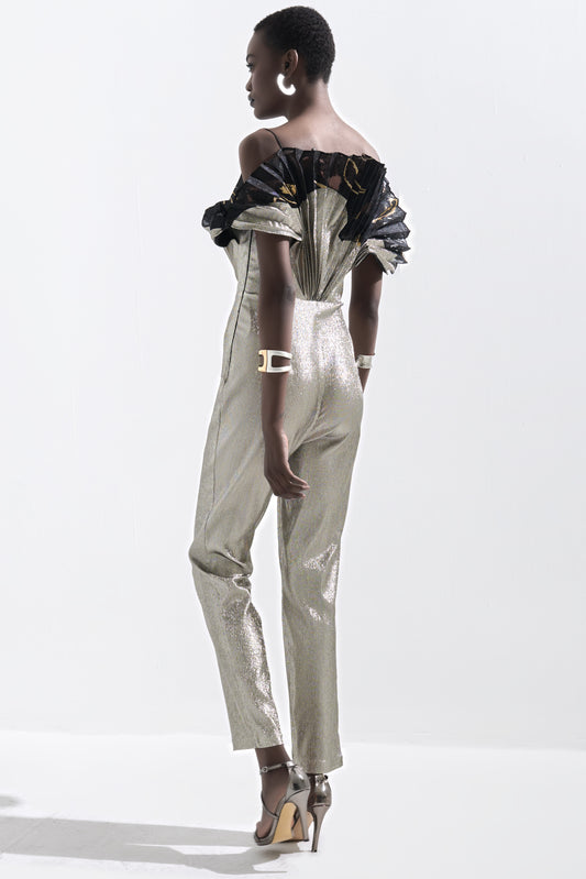 Pleated Metallic Jacquard Jumpsuit