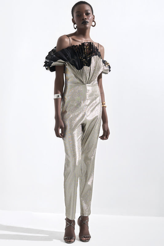 Pleated Metallic Jacquard Jumpsuit