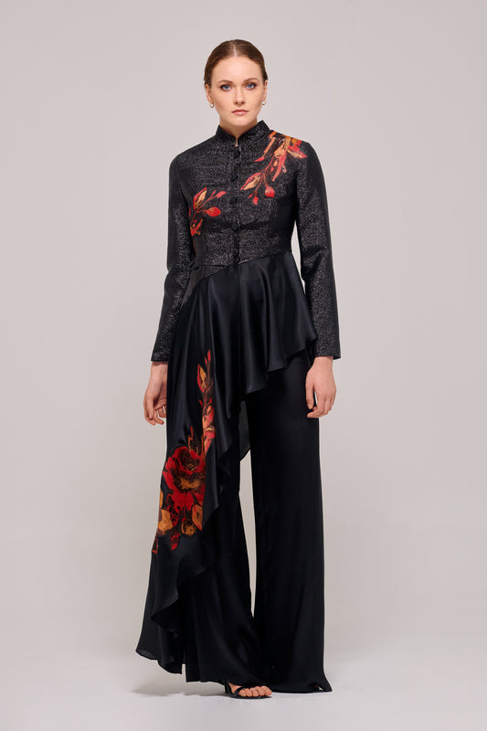 High Collar Appliqués Detail Asymmetric Hem Jacket with Pant