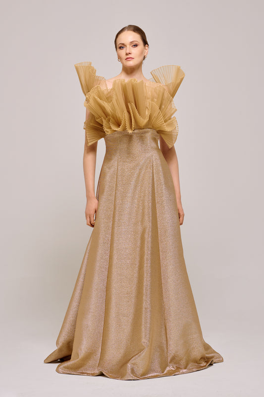 Fan Effect Pleated Long Gold Gown