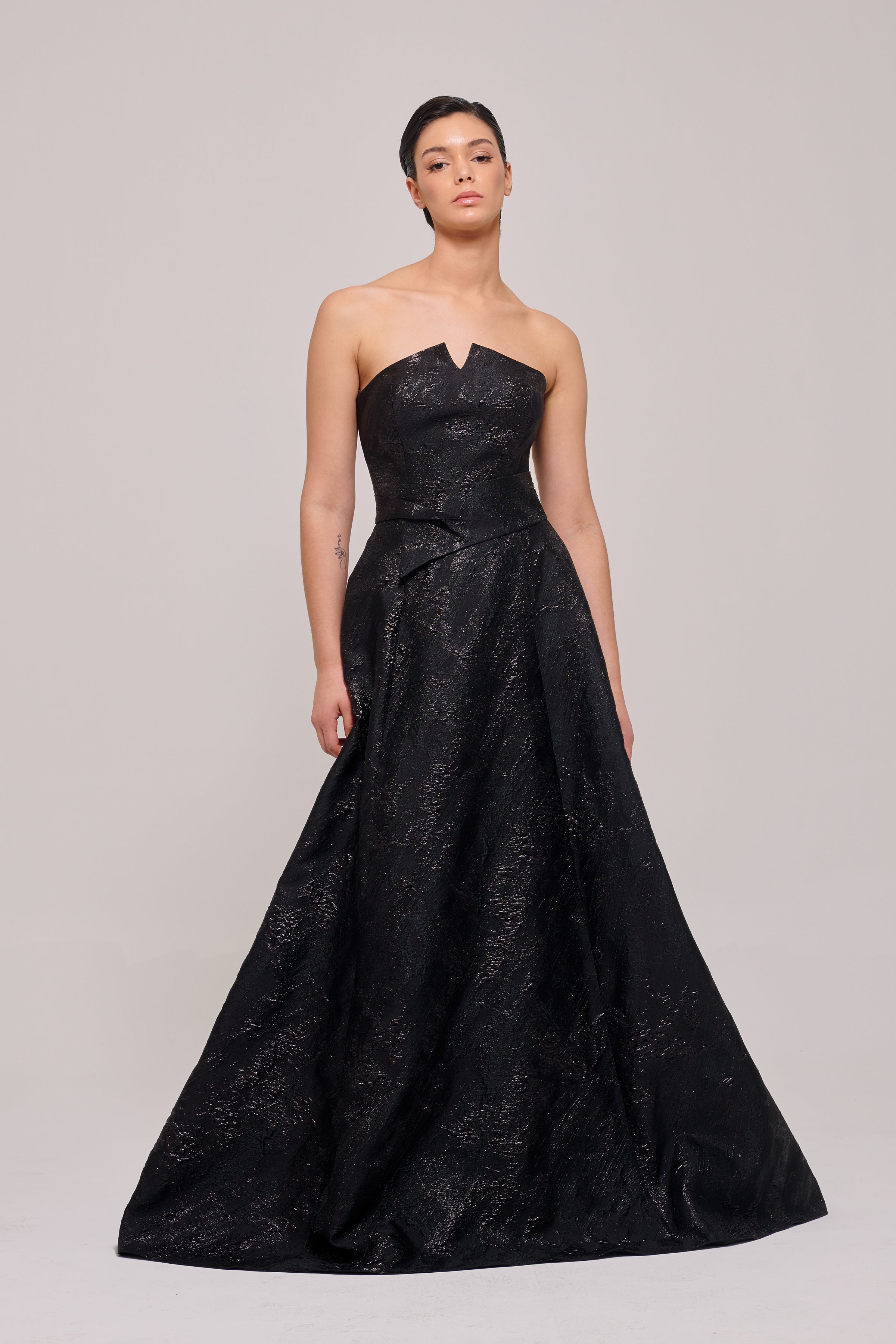Strapless Brocade Long Gown - Mustard Strapless Brocade Long Gown - Mustard