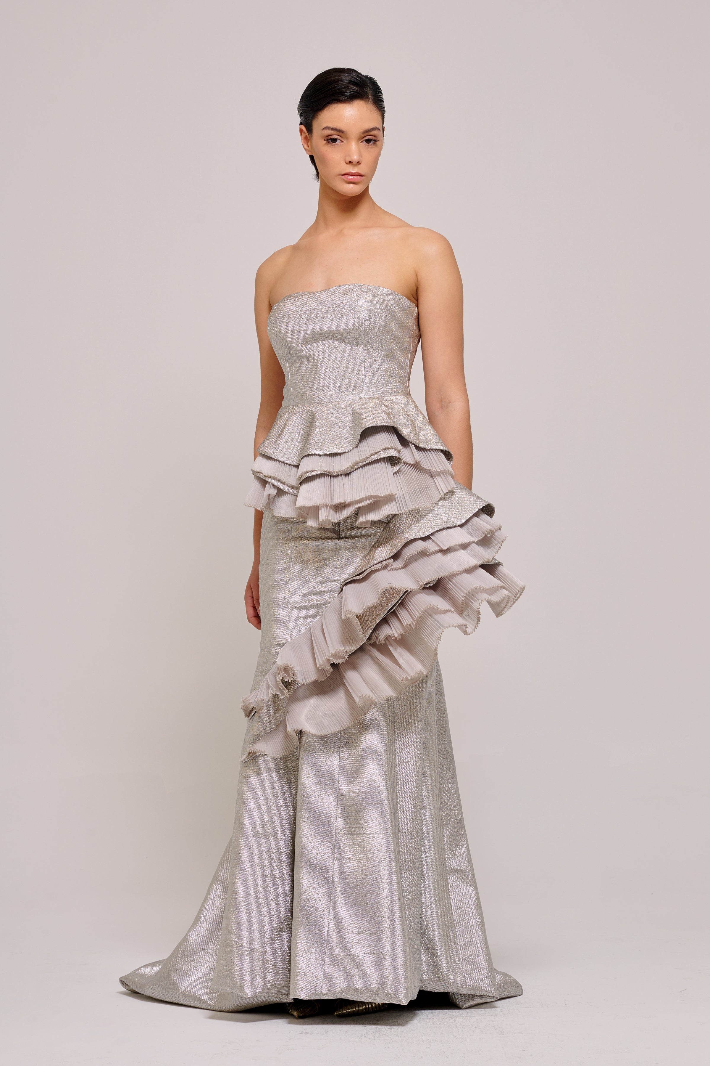 Asymmetric Layered Peplum Detail Long Silver Gown John Paul Ataker Asymmetric Layered Peplum Detail Long Silver Gown John Paul Ataker