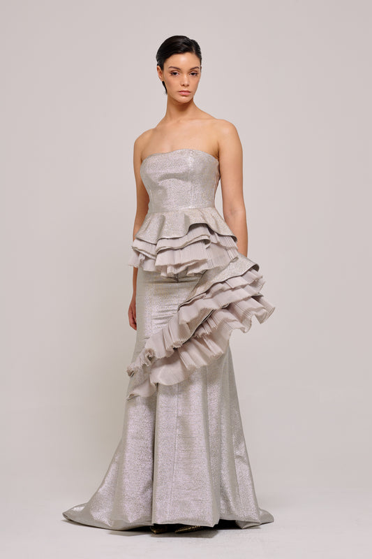 Asymmetric Layered Peplum Detail Long Silver Gown
