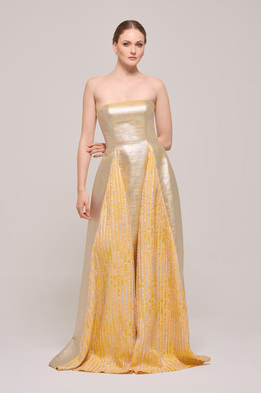 Strapless Metallic Jacquard Long Dress
