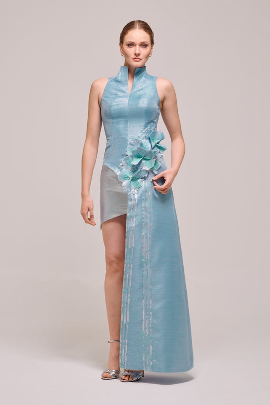 High Collar Three Dimensional Flowers Detail Mint Dress