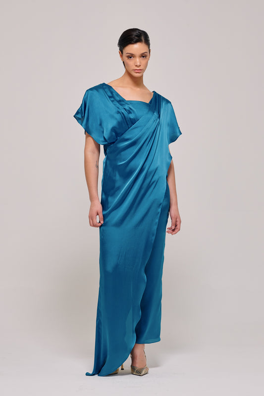 Silk and Satin Loose Cut Petrol Jumpsuit
