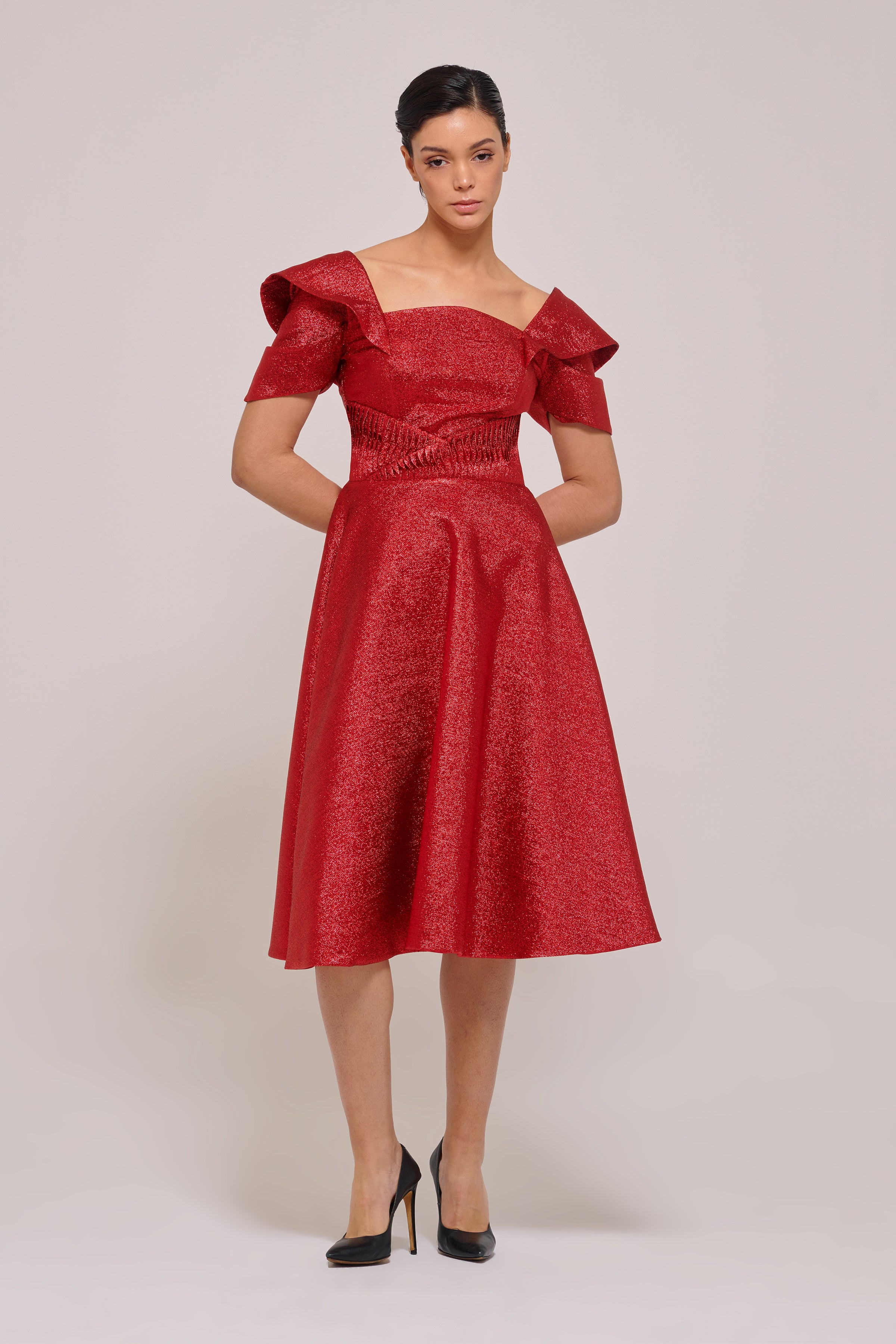 red short sleeve fit and flare dress Red Short Sleeve Midi Dress - All Dresses