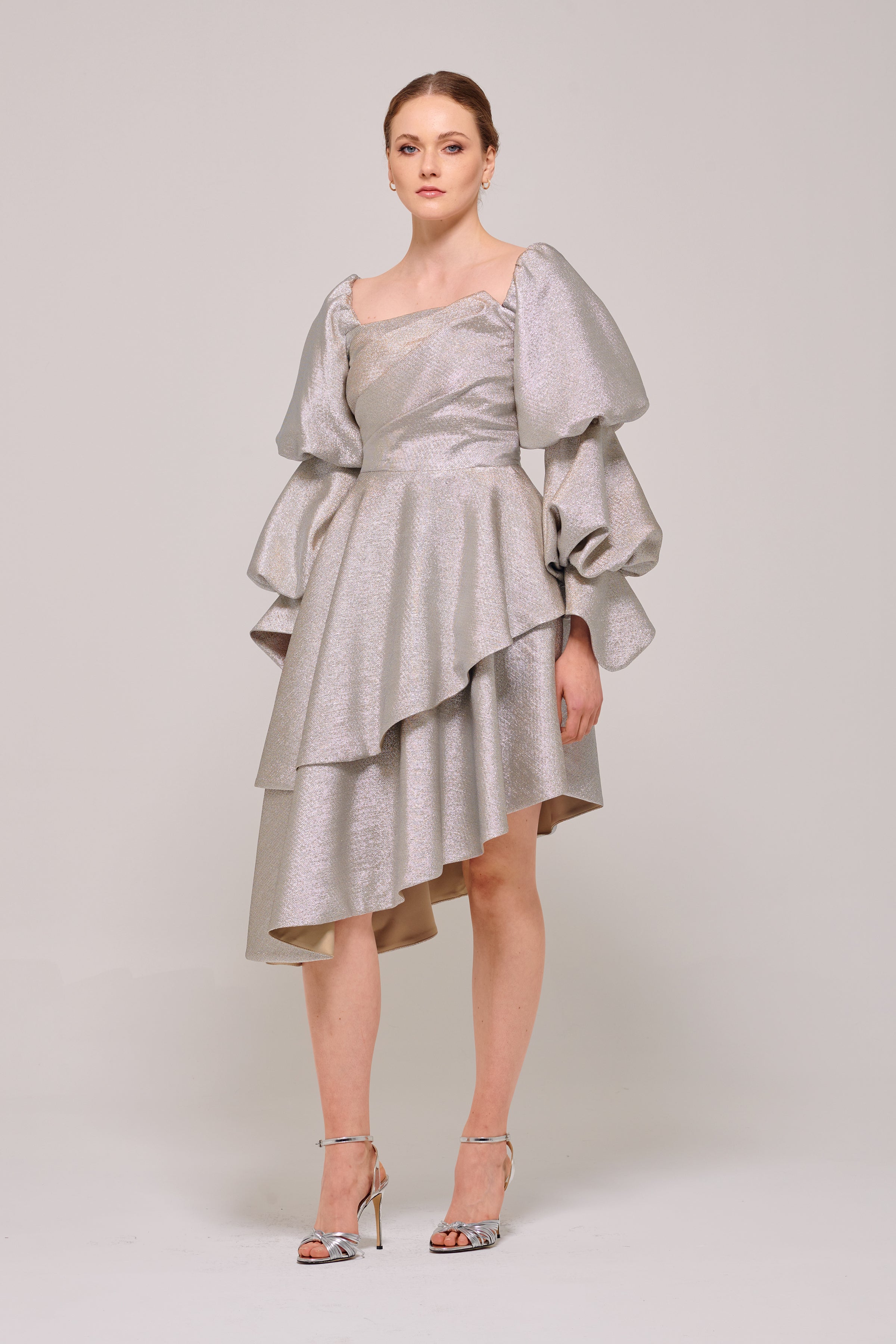 Long Puffy Sleeve Asymmetric Hem Detailed Gray Dress John Paul Ataker Long Puffy Sleeve Asymmetric Hem Detailed Gray Dress John Paul Ataker