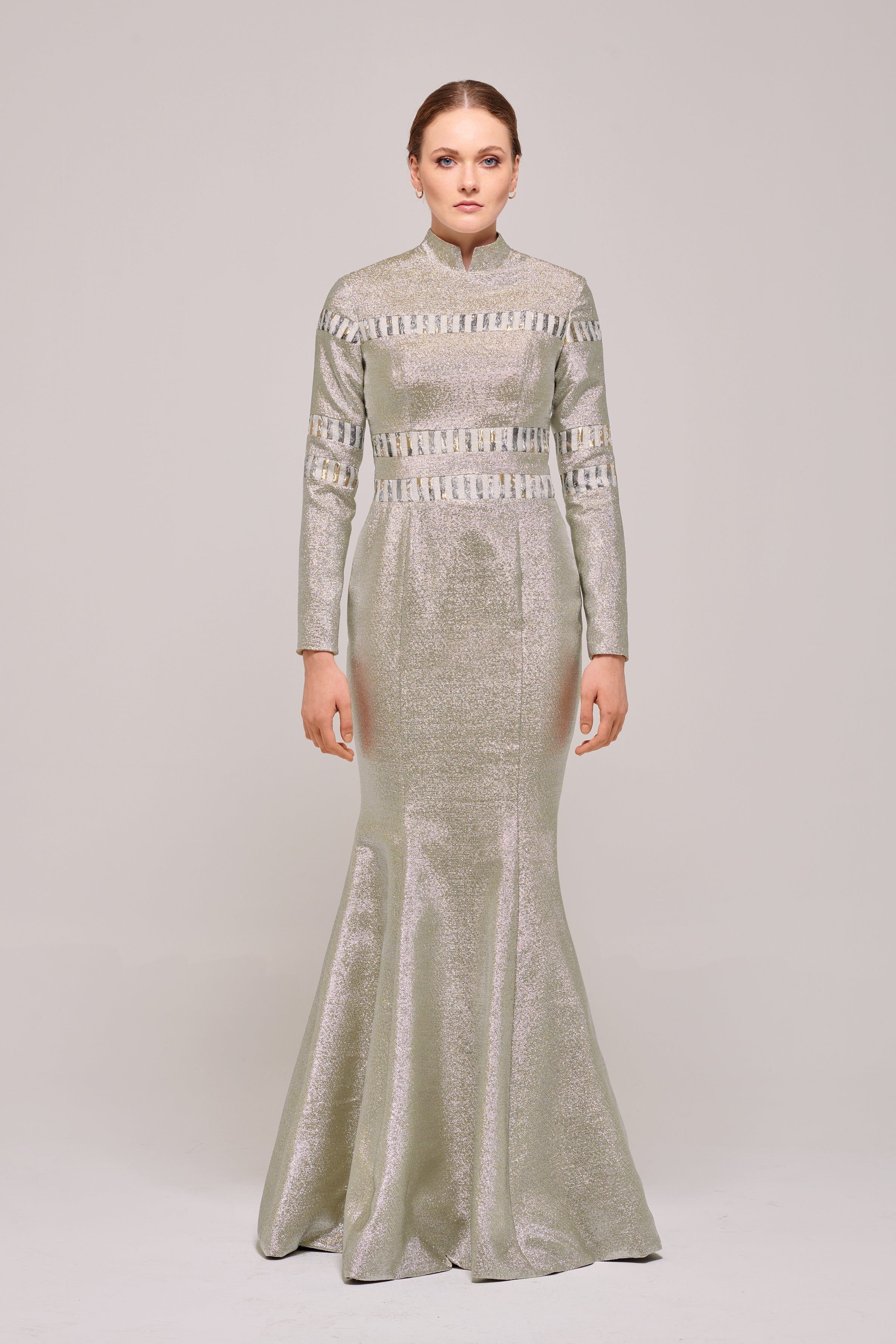 High Collar Long Sleeve Shimmering Silver Dress – John Paul Ataker