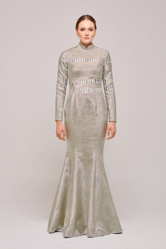 High Collar Long Sleeve Shimmering Silver Dress