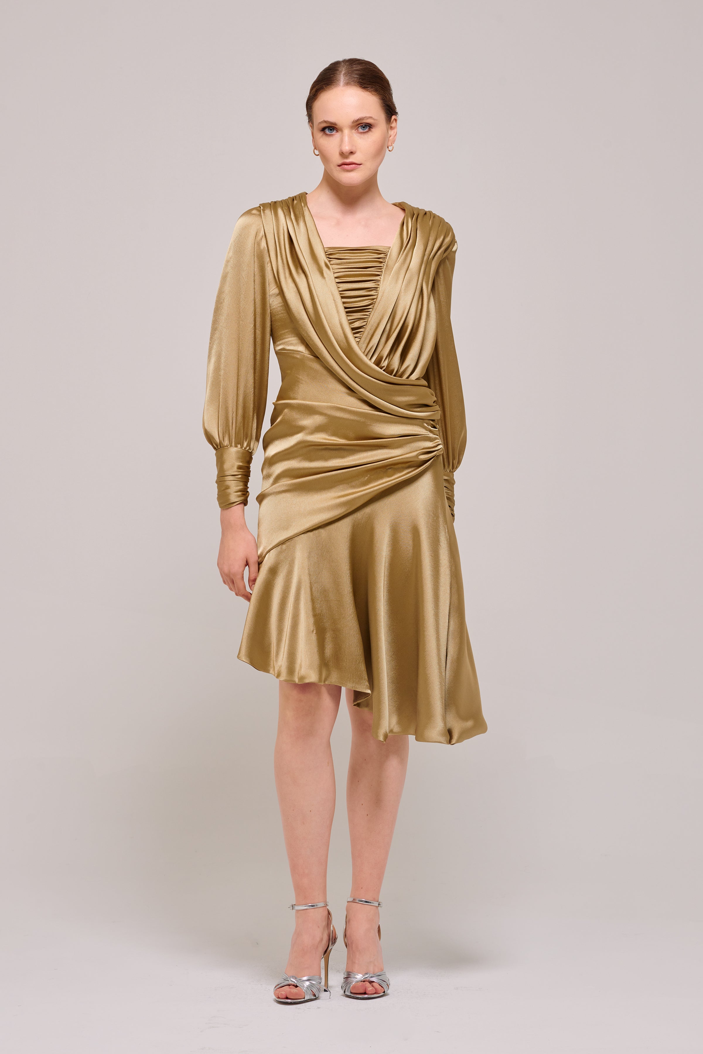 Wrap Effect Bodice Puffy Sleeve Silk-Satin Dress Gold Wrap Effect Bodice Puffy Sleeve Silk-Satin Dress Gold