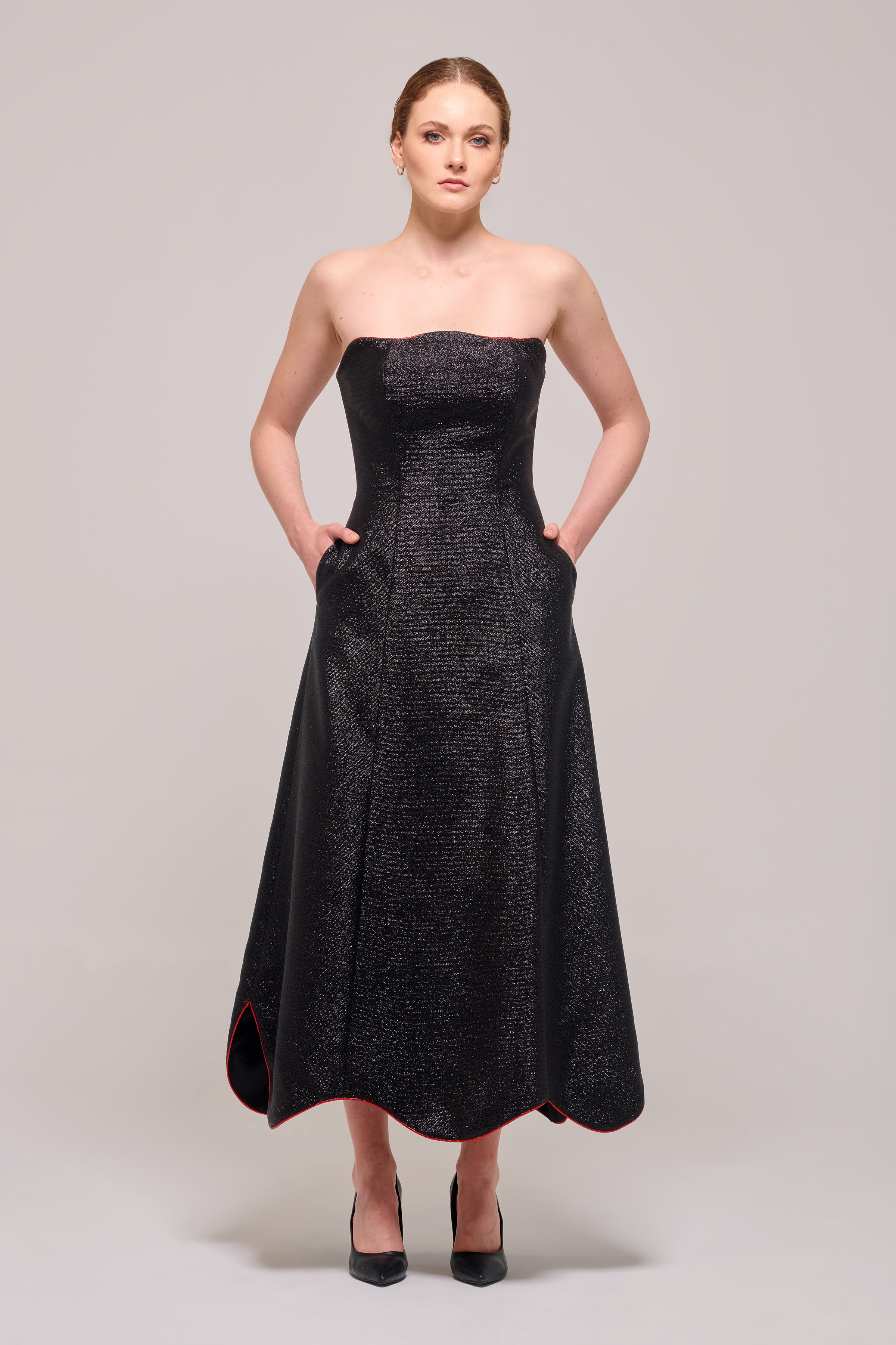 Red Piping Detailed Black Asymmetric Strapless Dress Sandy