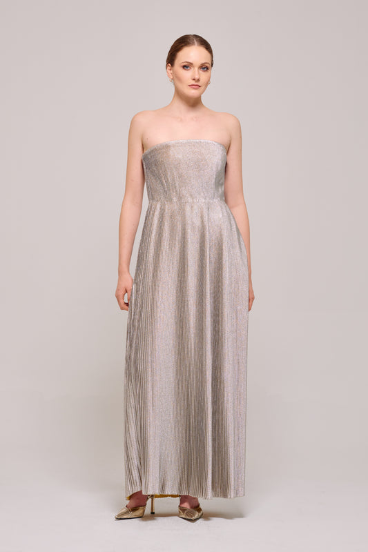 Strapless Gray Pleated Maxi Dress