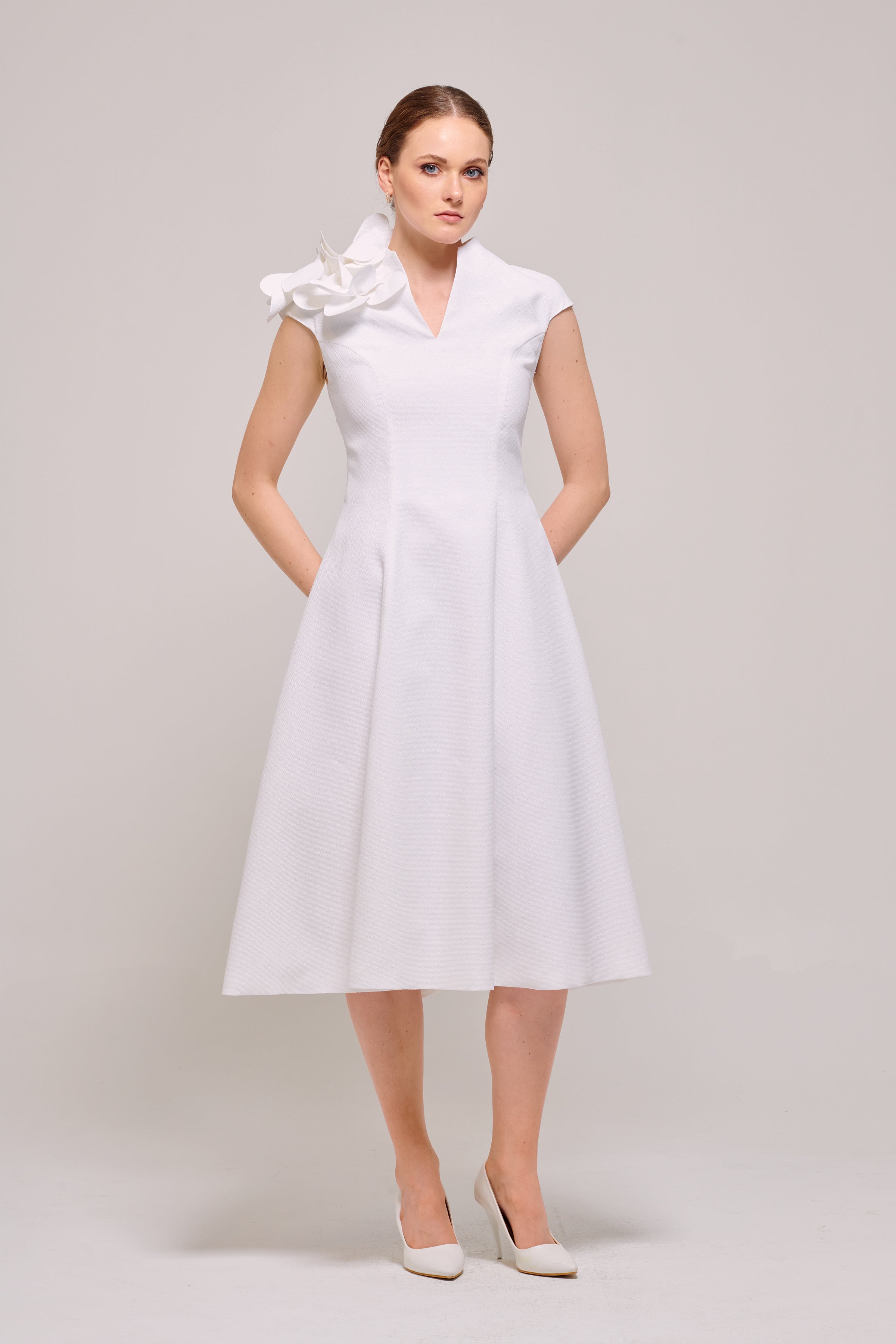 High Neck Detail Midi Gown with Three-Dimensions Flowers John Paul Ataker High Neck Detail Midi Gown with Three-Dimensions Flowers John Paul Ataker
