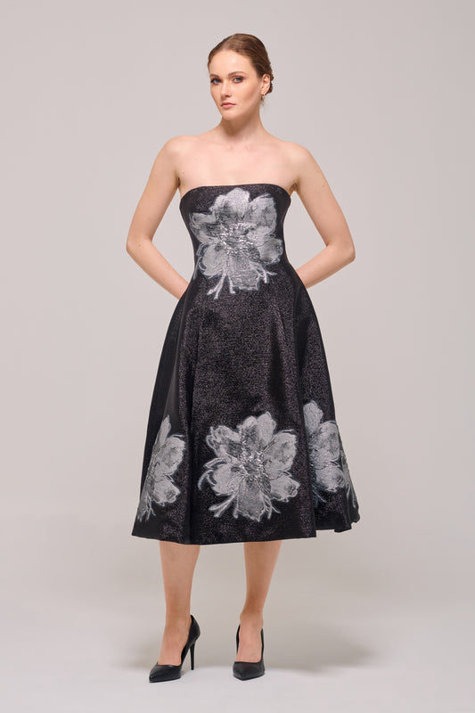 Two-toned Appliques Detail Black Midi Dress