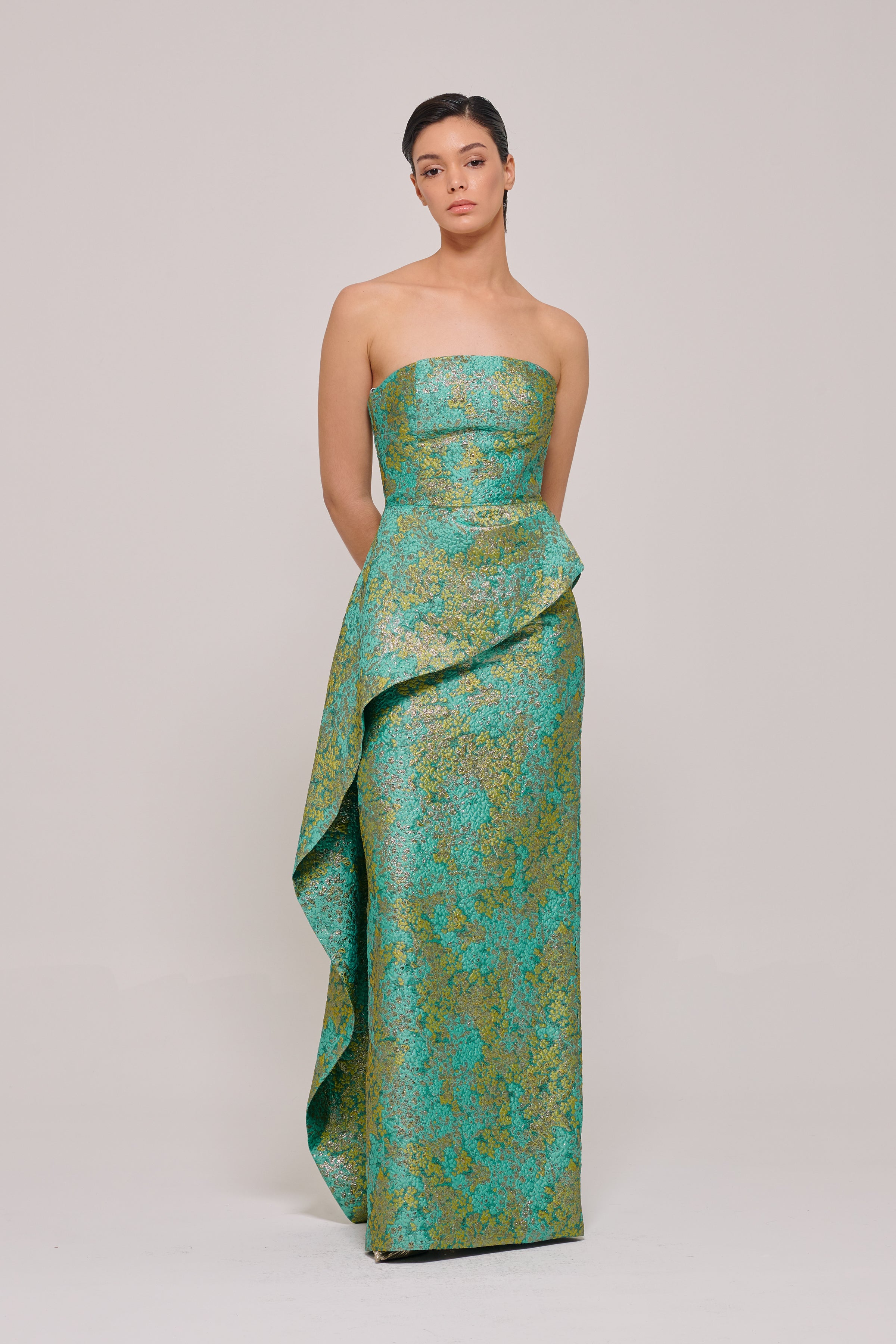 Strapless Floral Green Dress with A-Side Panel Light Green Strapless Floral Green Dress with A-Side Panel Light Green