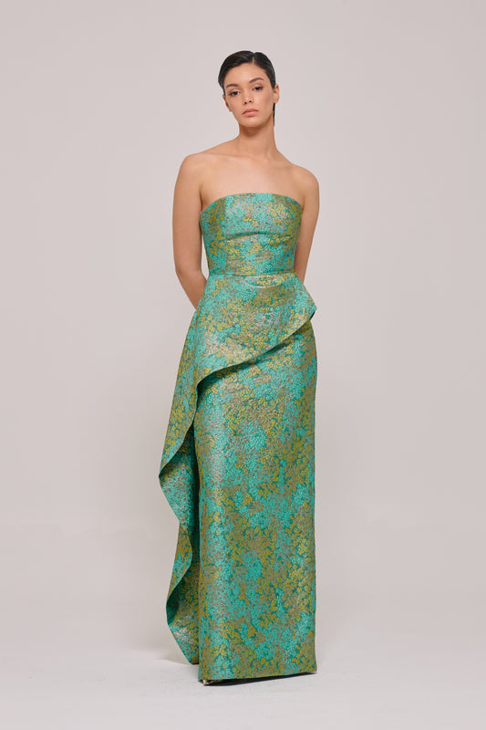 Strapless Floral Green Dress with A-Side Panel