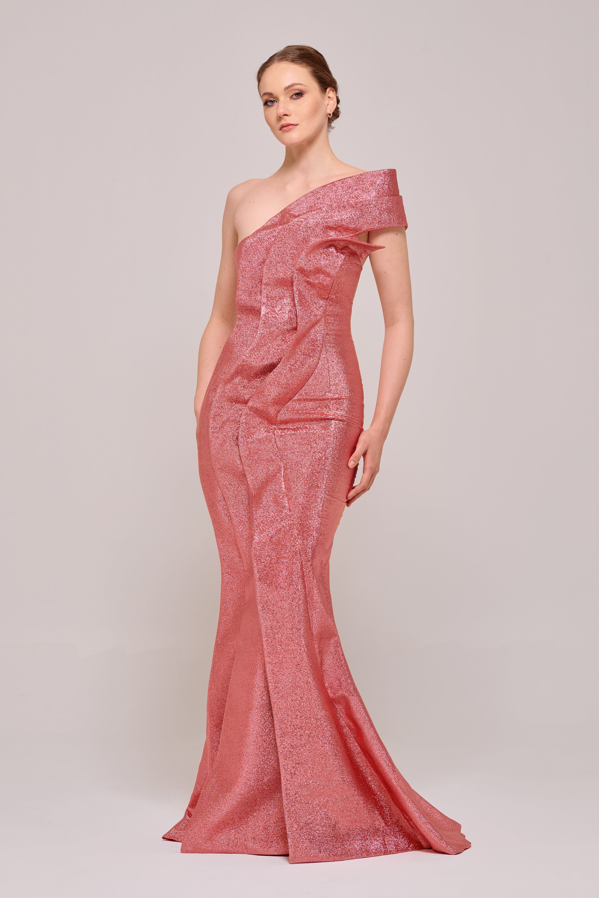 One Shoulder Ruffled Coral Color Mermaid Gown – John Paul Ataker