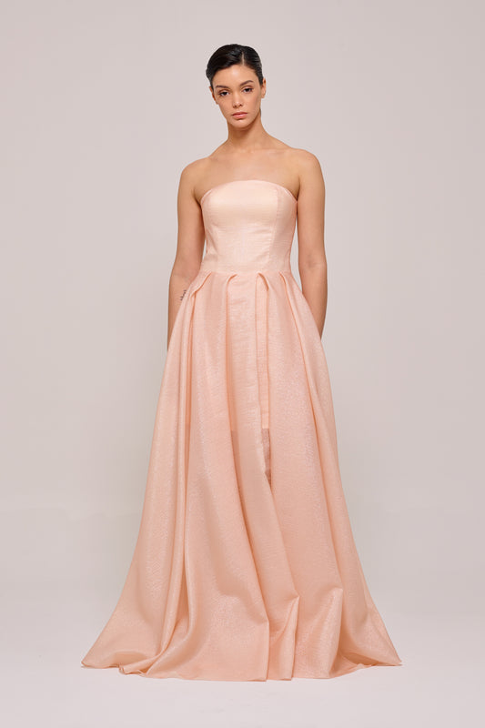 Strapless Pleated Long Blush Dress