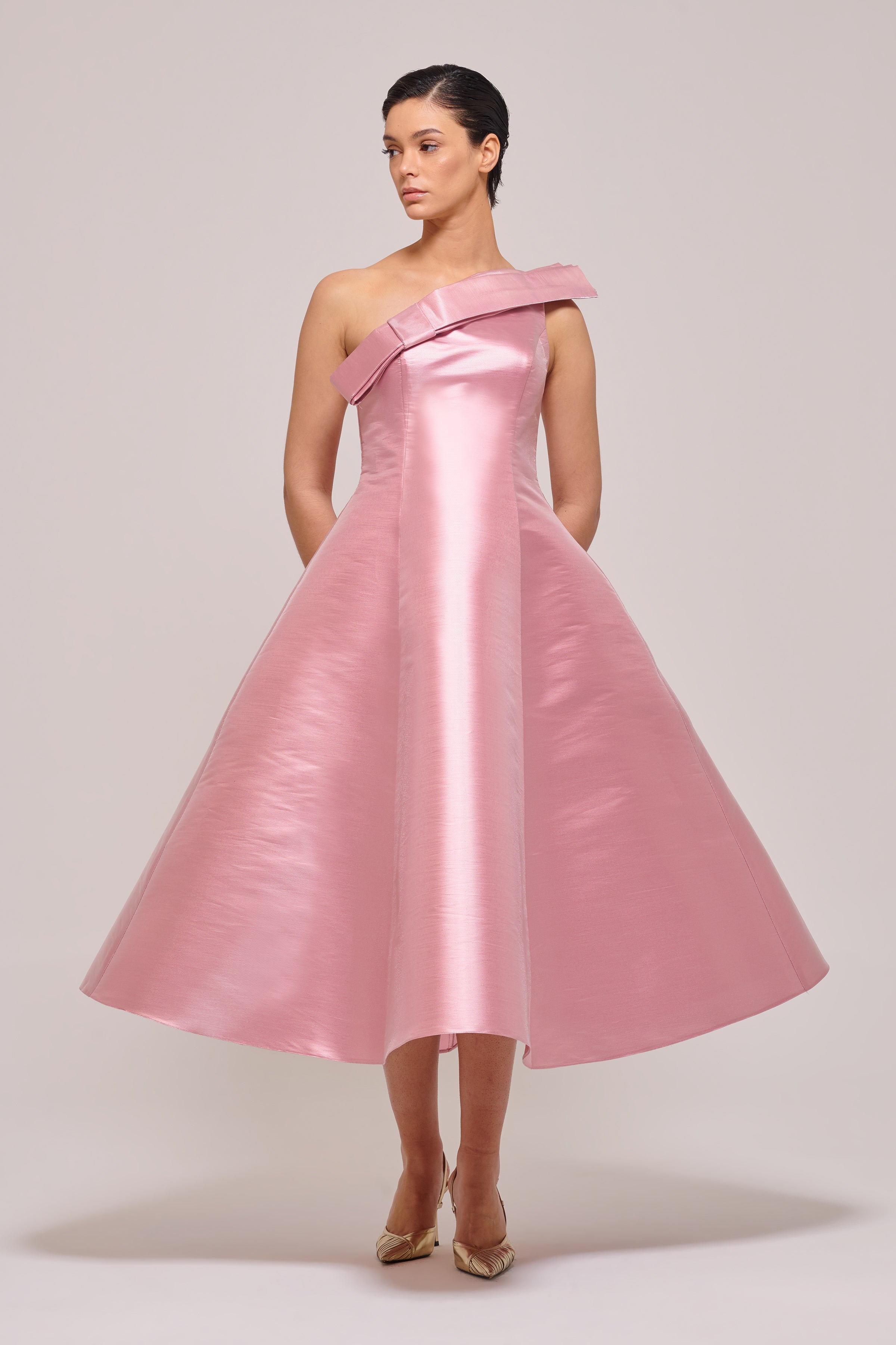 One Asymmetric Sleeve Detail Bright Pink Midi Dress Pink One Asymmetric Sleeve Detail Bright Pink Midi Dress Pink