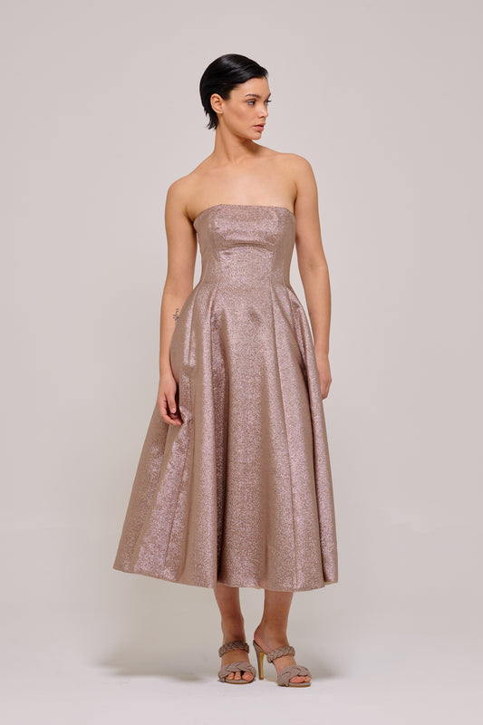 Strapless Midi Length Metallic Jacquard Dress