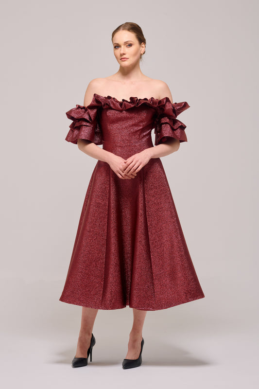 Ruffled Sleeve Bordo Midi Length Dress