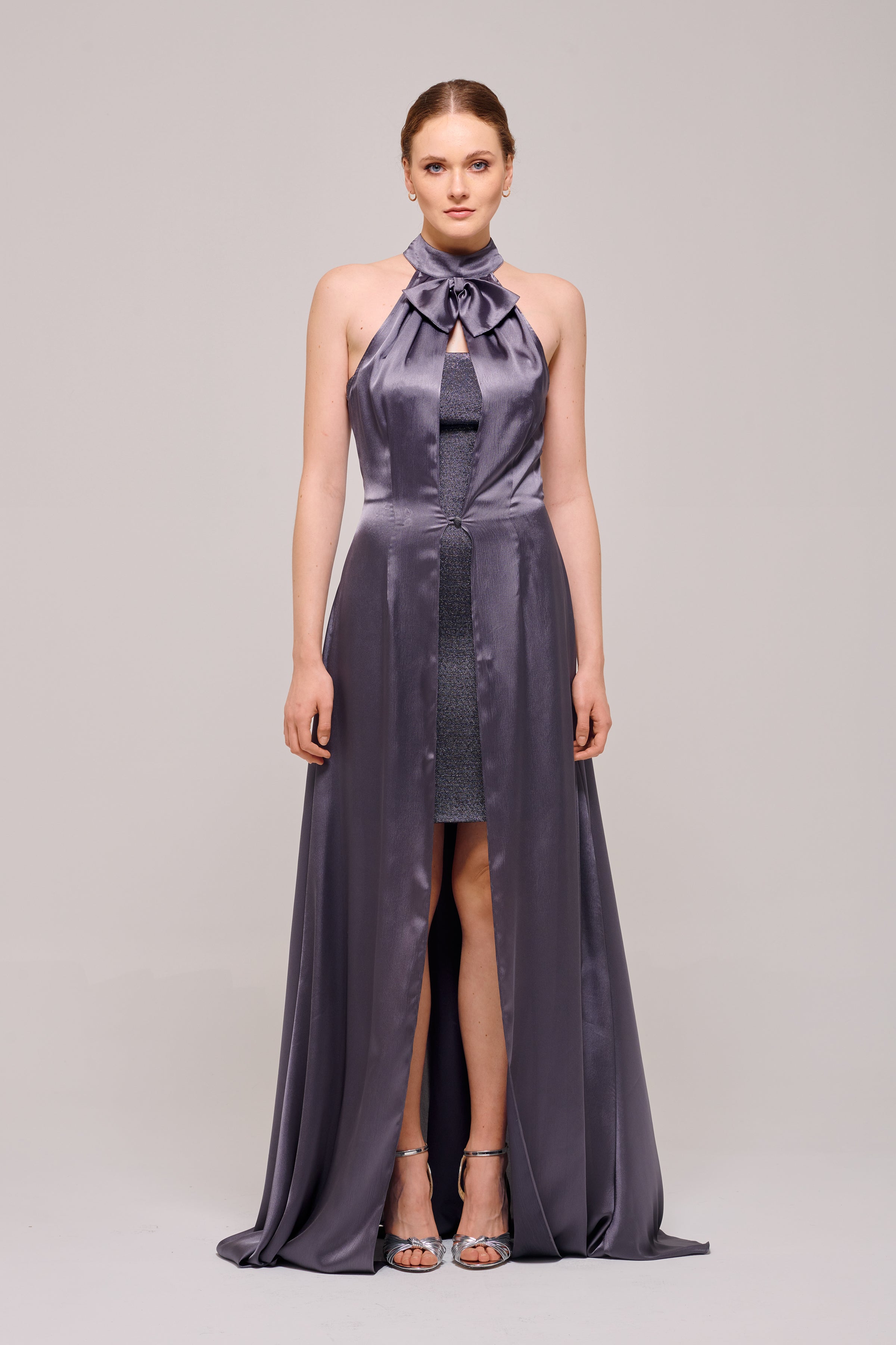 Halter Neck Detail Mini Overlay Silk Satin Dress with Cloak John Paul Ataker Halter Neck Detail Mini Overlay Silk Satin Dress with Cloak John Paul Ataker