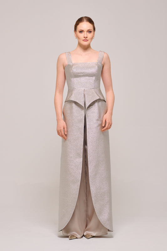 Peplum Detail Square Neckline Metallic Jacquard Top and Pant