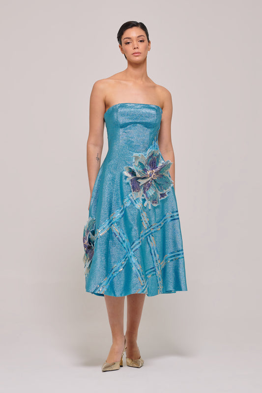 Midi Length Mint Metallic Jacquard Dress