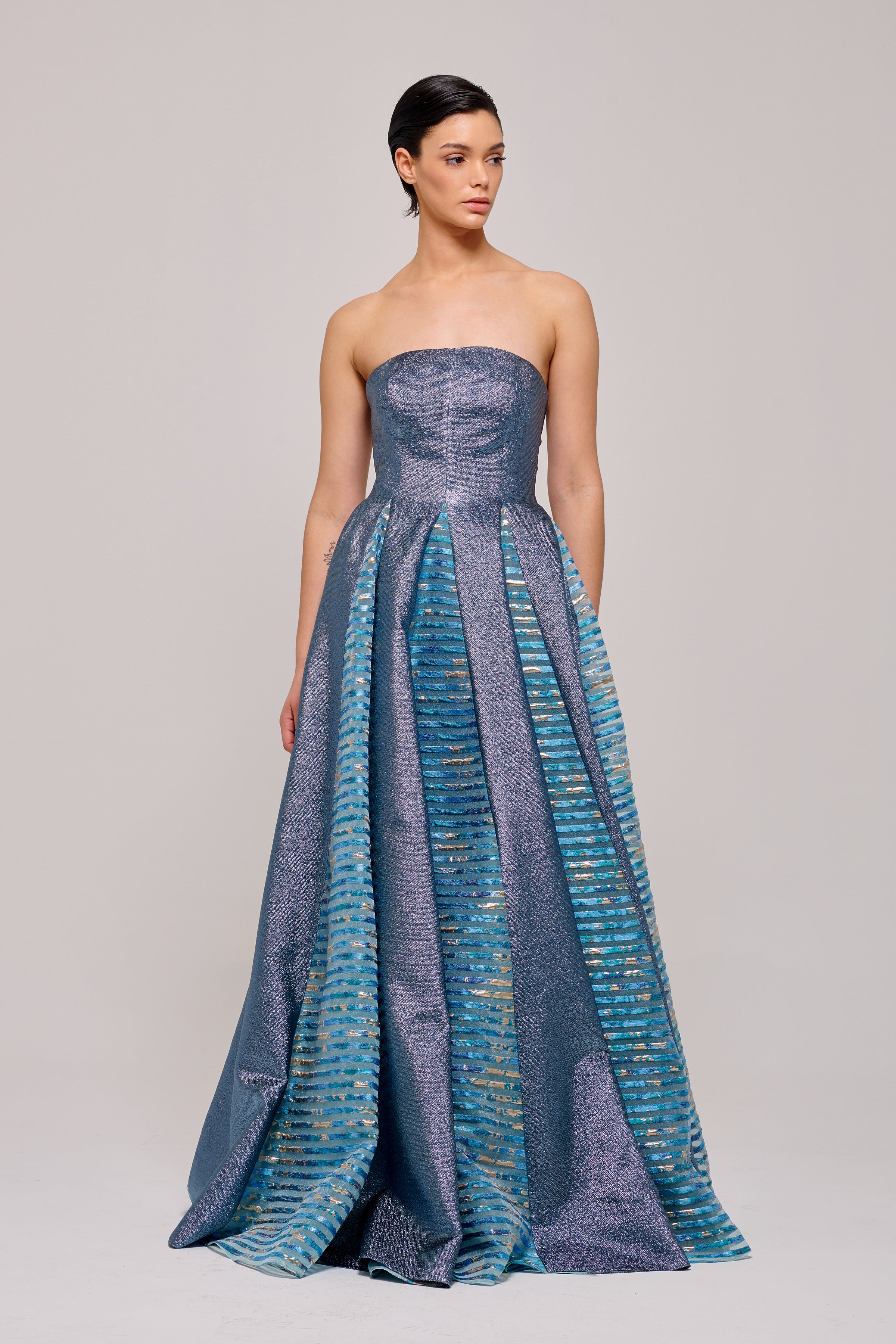 Structural Bodice Godet Detail Long Mint and Petrol Gown John Paul Ataker Structural Bodice Godet Detail Long Mint and Petrol Gown John Paul Ataker