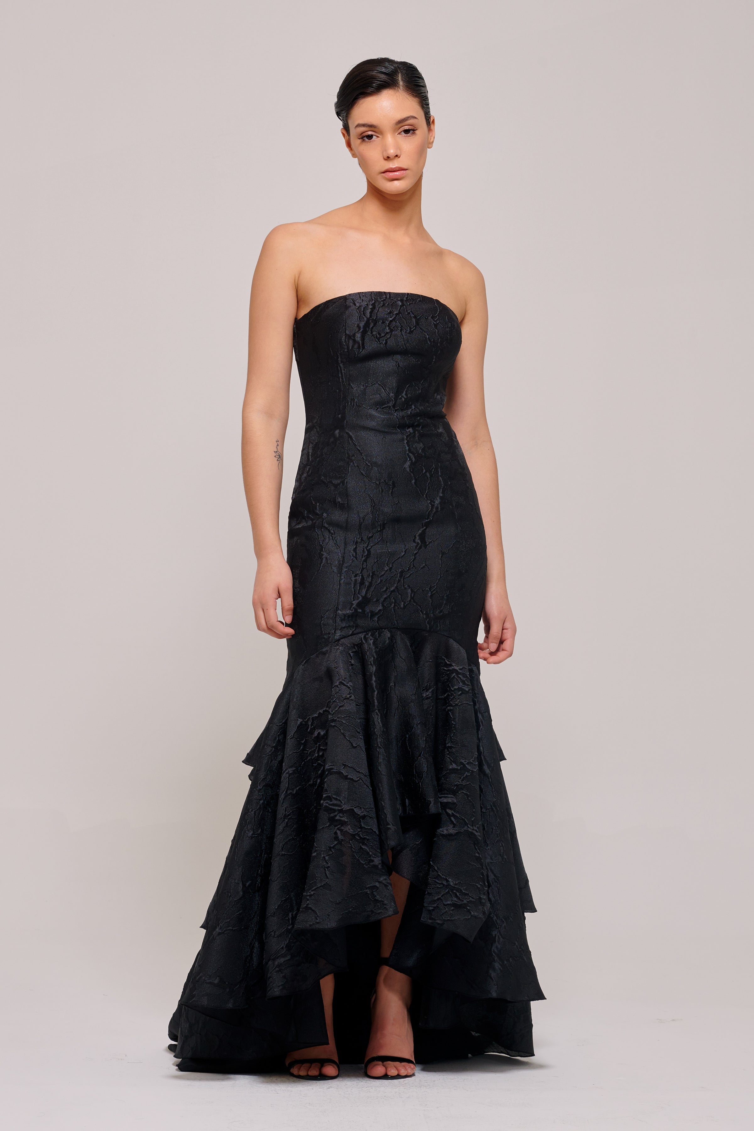 Strapless Layered High-Low Black Dress Black Strapless Layered High-Low Black Dress Black