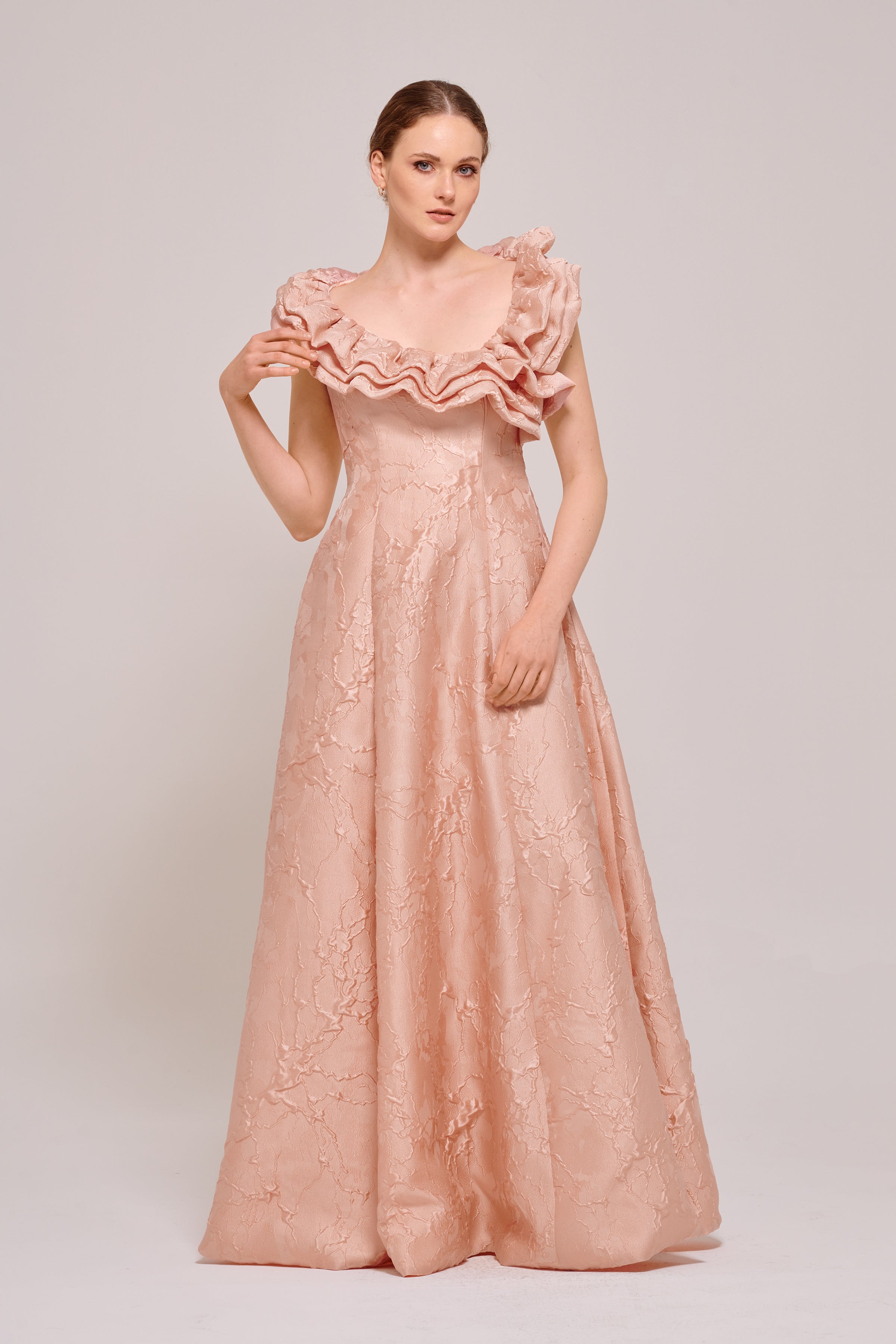 blush asymmetrical dress ASOS EDITION off shoulder asymmetric frill detail maxi dress in blush watermark floral print