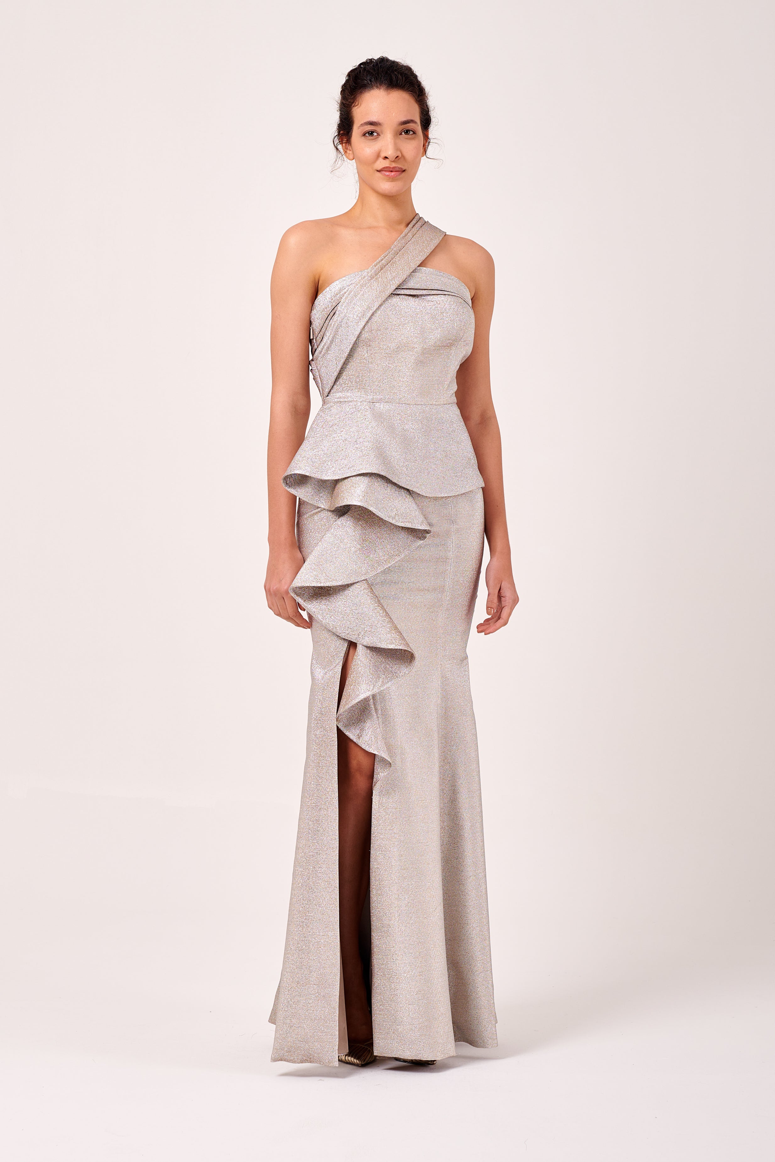One Shoulder Layered Peplum Detail Long Mermaid Dress John Paul Ataker One Shoulder Layered Peplum Detail Long Mermaid Dress John Paul Ataker