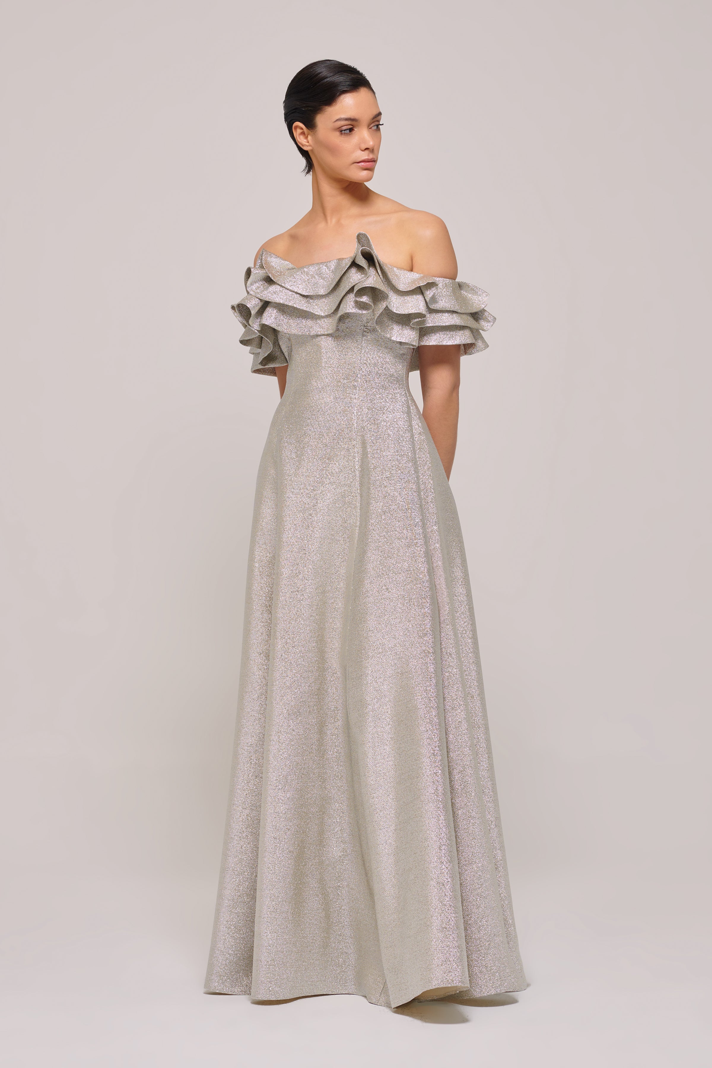 silver jacquard dress Silver Bay Leaf Jacquard Strapless Ball Gown With Gilded Bodice And Floral Embroidery
