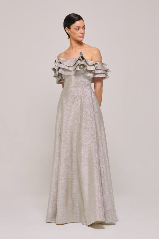 Ruffled Silver Metallic Jacquard Long Dress