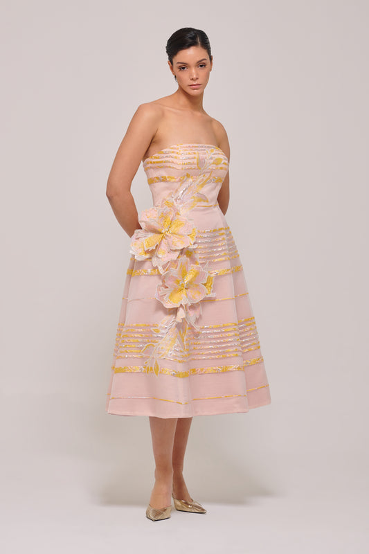 3D Floral Appliqués Detail Midi Length Dress