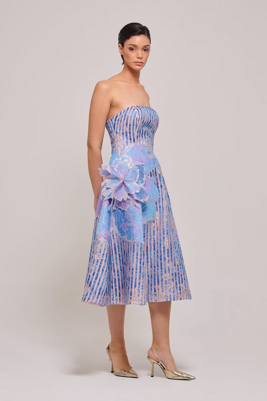 Vertical Stripes Detail Strapless Midi Gown