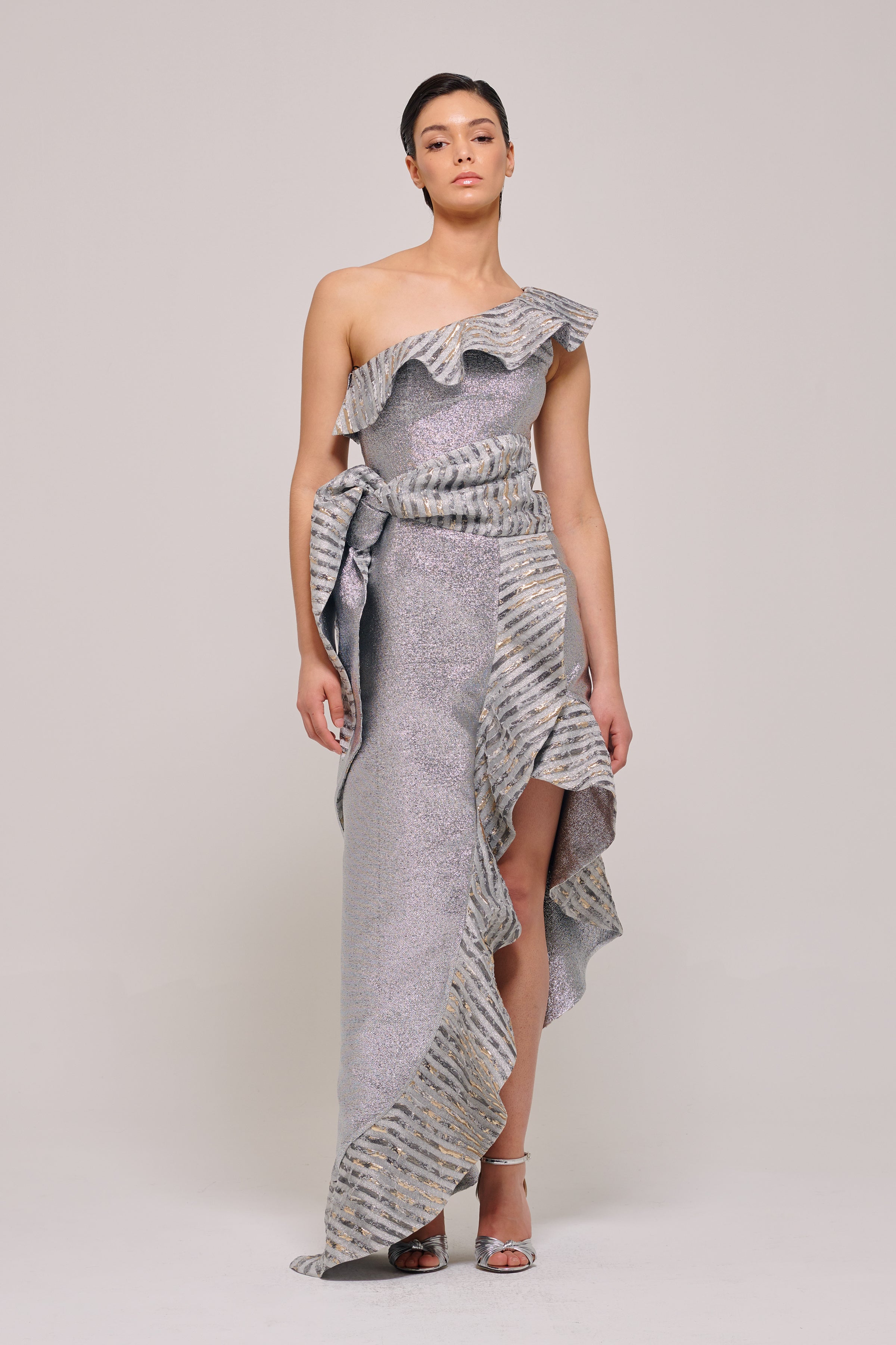 Ruffled One Shoulder Sleeve Asymmetric Hem Detail Metallic Gown John Paul Ataker Ruffled One Shoulder Sleeve Asymmetric Hem Detail Metallic Gown John Paul Ataker