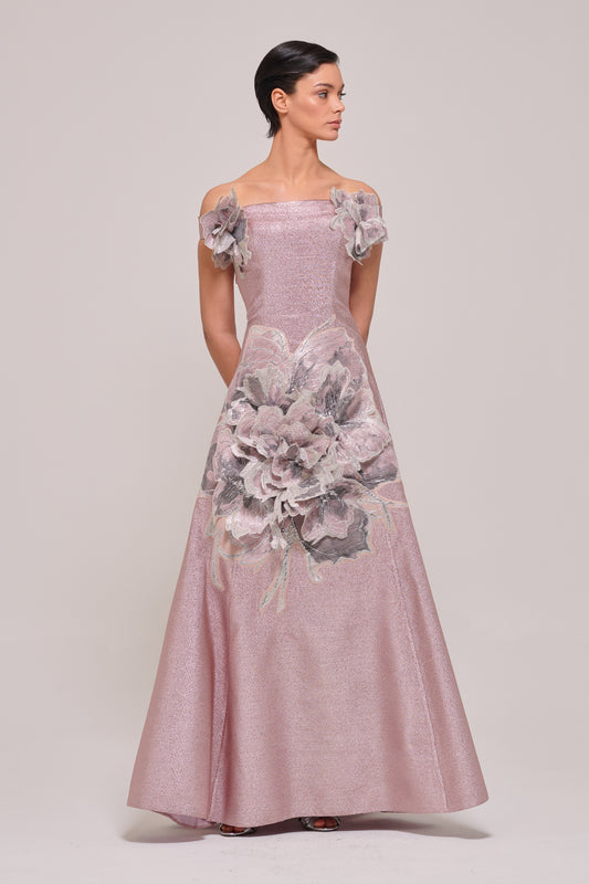 Three Dimensional Flowers Appliqués Long Strapless Gown