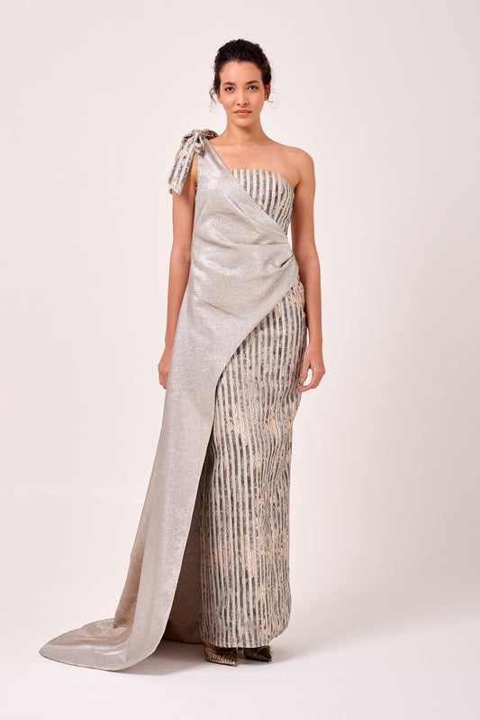 One Shoulder Asymmetric Overlay Fitted Long Dress