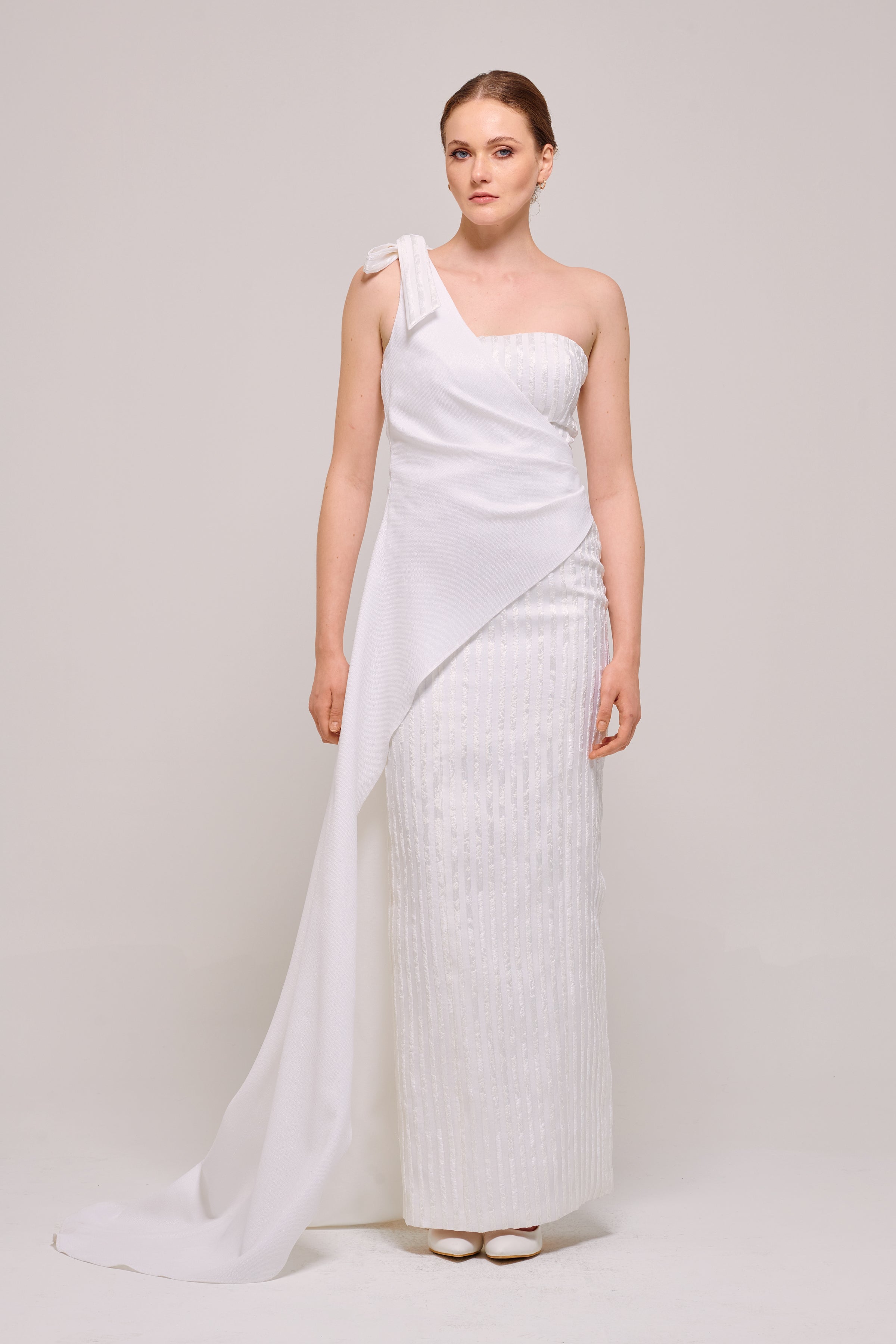 white one shoulder fitted dress Sonia Draped One Shoulder Mini Dress