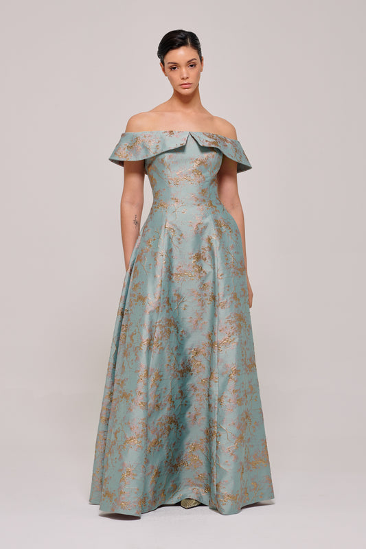 Off The Shoulder A-Line Floral Embroidery Long Gown