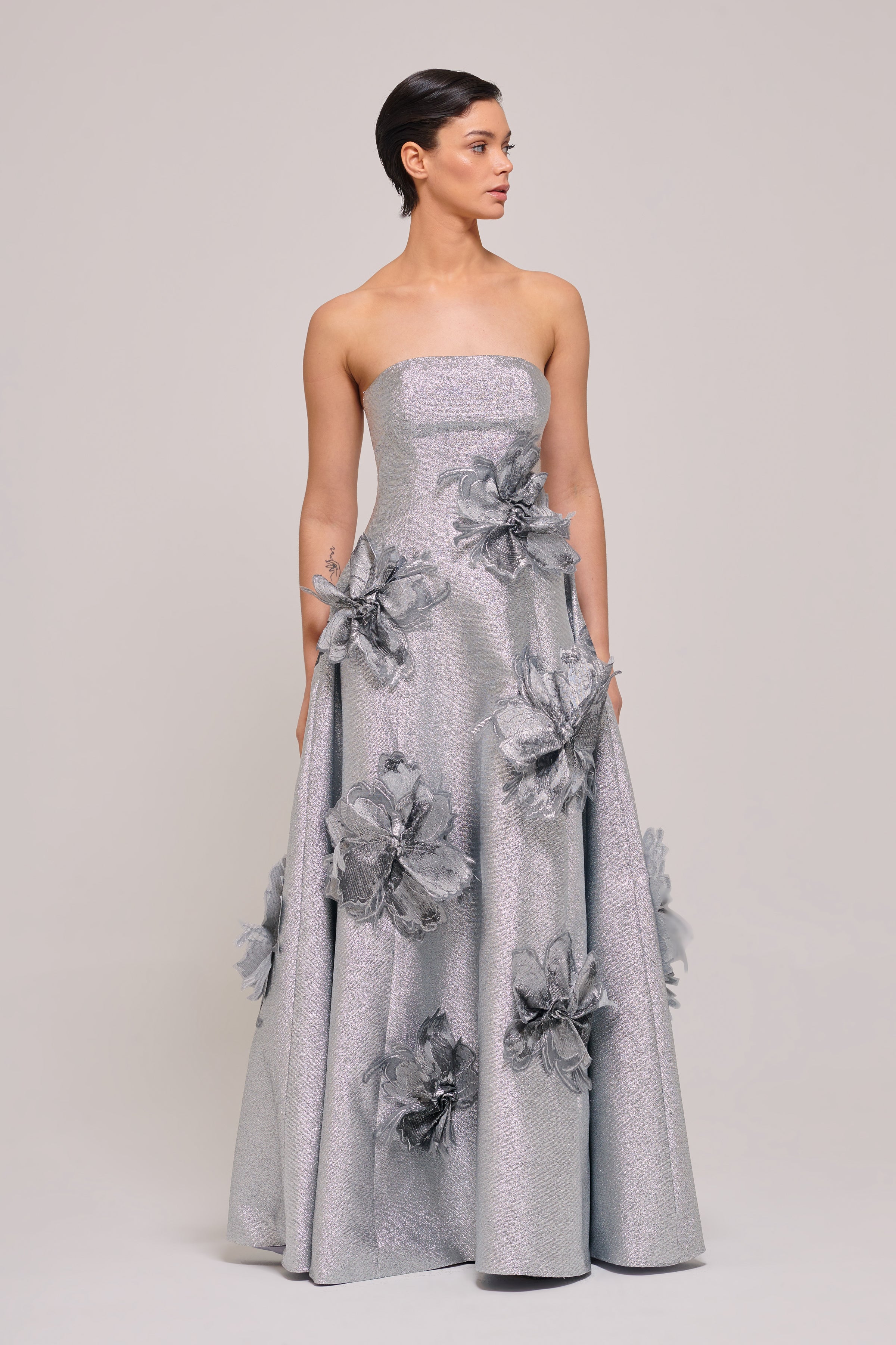 black dress with silver flowers Primavera Couture 4353 Size 6 Black Floral Sequin A Line Prom Dress Backless Corset Formal Maxi Slit Gown
