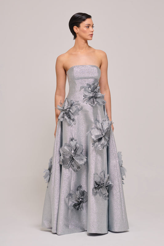 Three Dimensional Floral Strapless Black and Silver Gown
